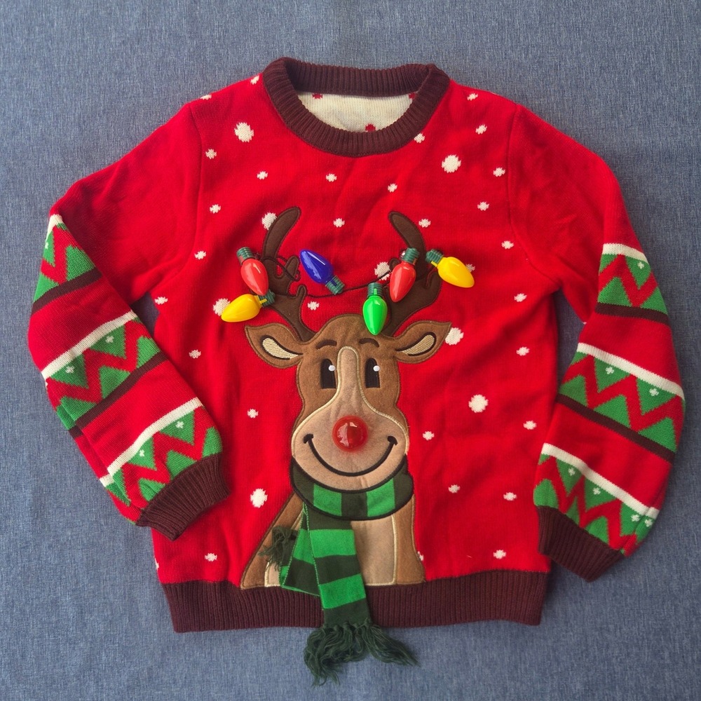 Ugly Sweater S Red Green Brown Holiday Christmas Reindeer LED Lights Men/Women